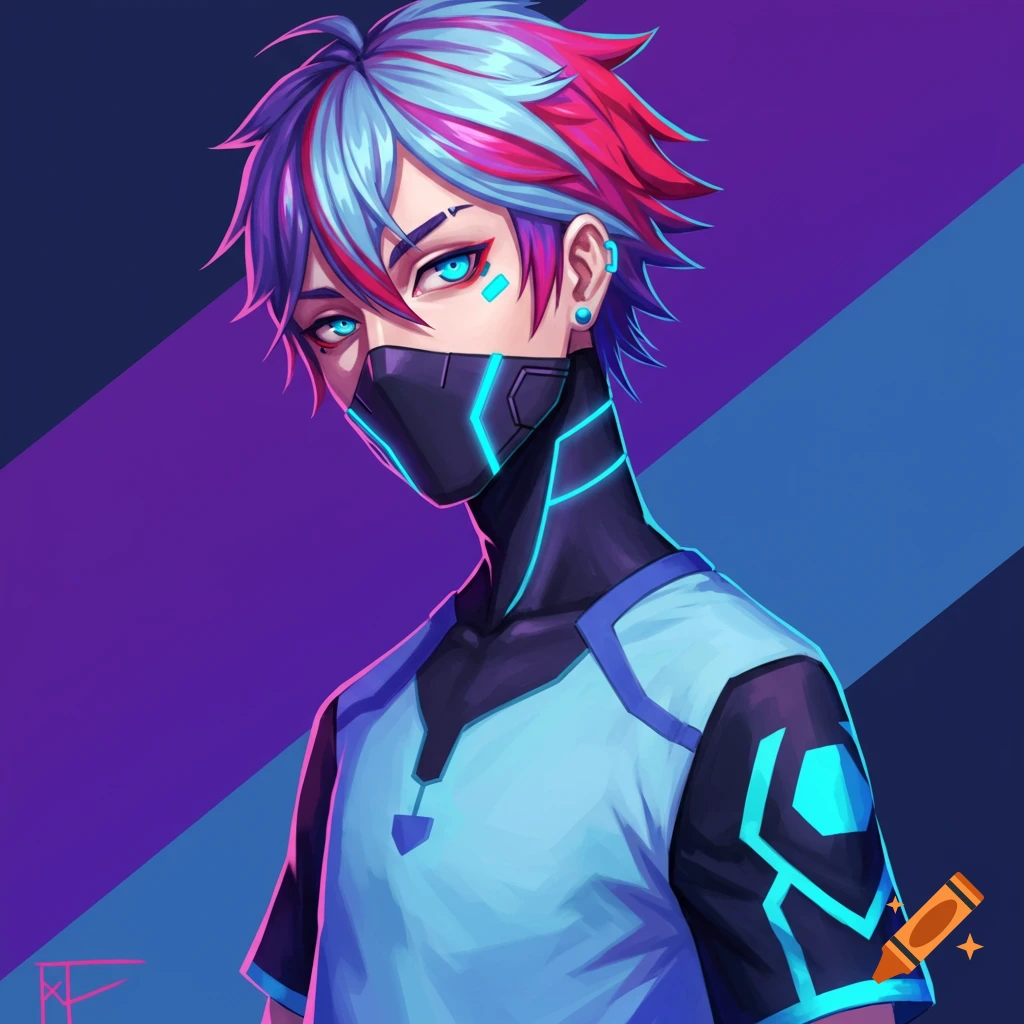 An anime character with blue and pink hair, a black mask, and blue glowing elements.