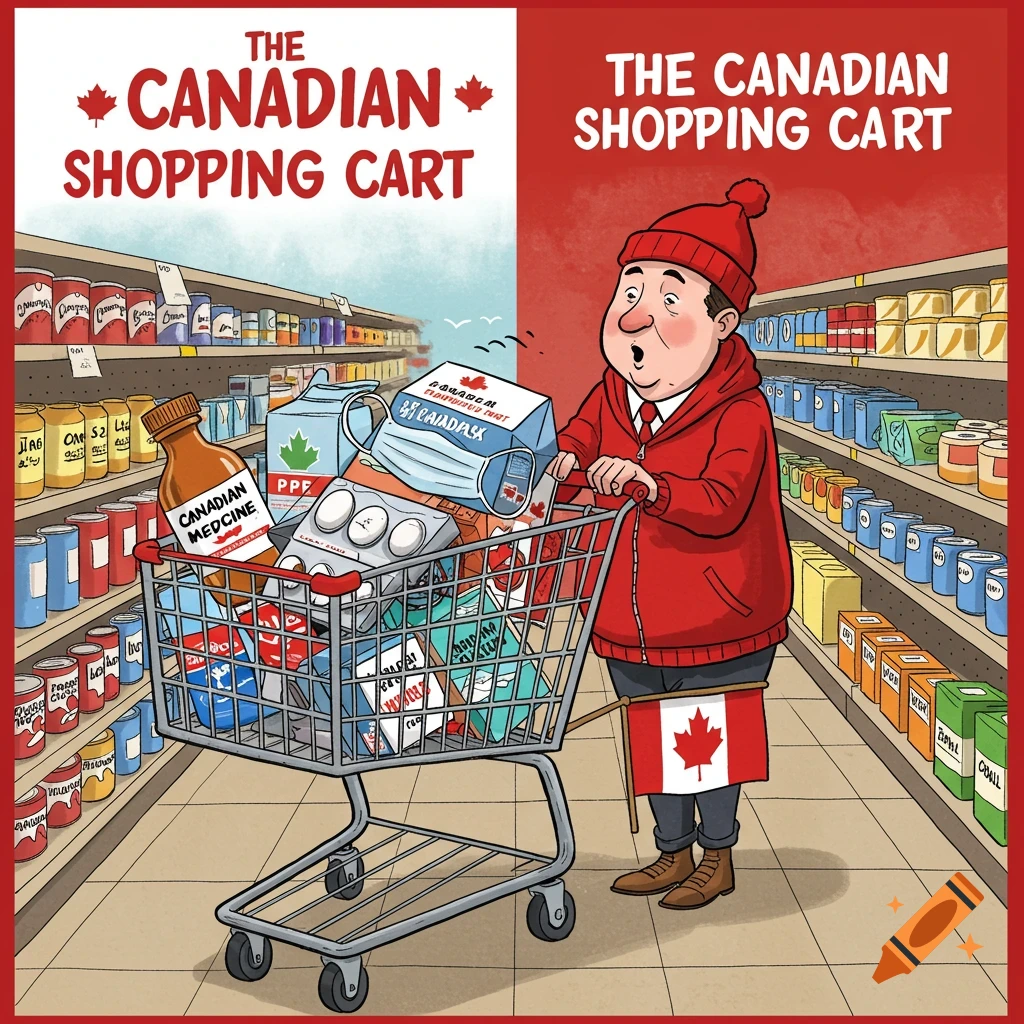 Cartoon of a man pushing a shopping cart filled with symbolic Canadian items in a grocery store.
