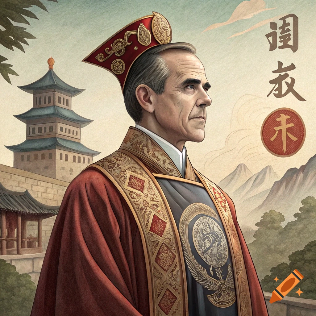 Portrait of a man in traditional Chinese statesman attire, standing before a temple and mountains. Illustration style.