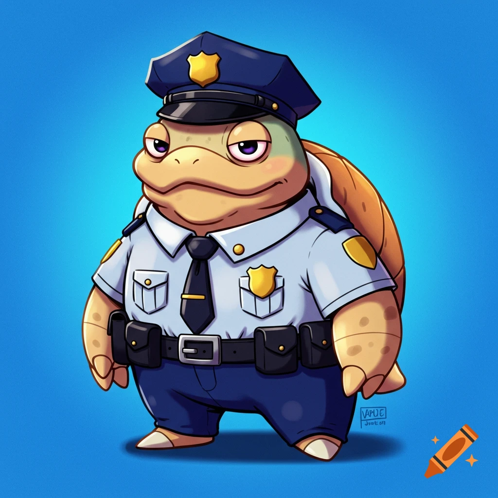 A cartoon turtle wearing a police uniform, standing with hands on hips.