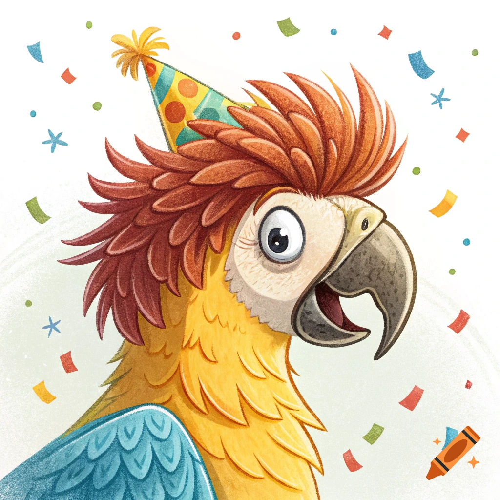 Cartoon illustration of a parrot wearing a yellow party hat with confetti around it