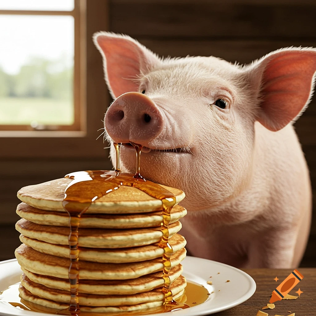 A photorealistic image of a pig with its snout in a stack of pancakes, syrup dripping.