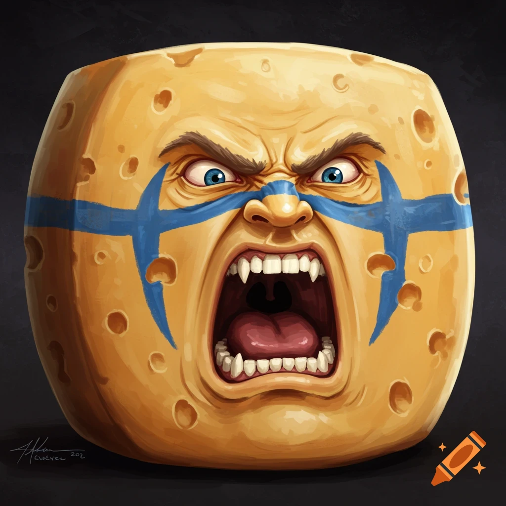 A screaming cheese wheel with blue Braveheart-style face paint.