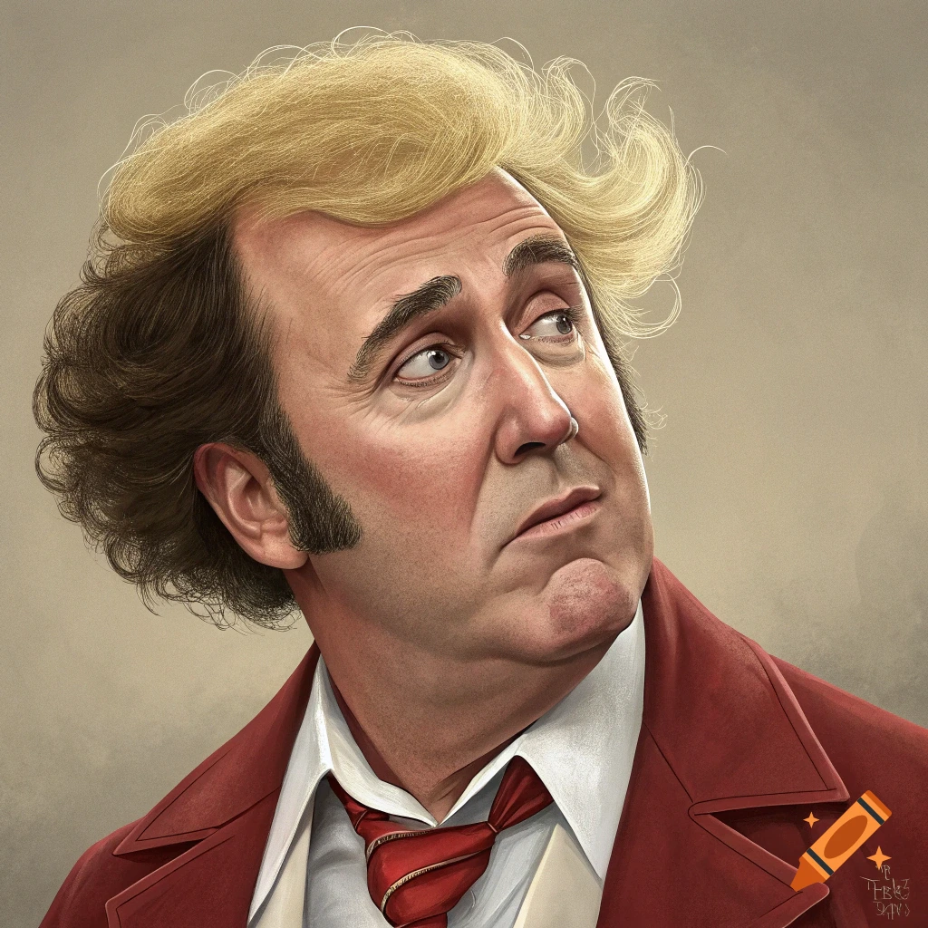 Caricature portrait of a man with blond and brown hair, resembling a mix of Andy Kaufman and Donald Trump, wearing a red jacket and white shirt, looking upwards.