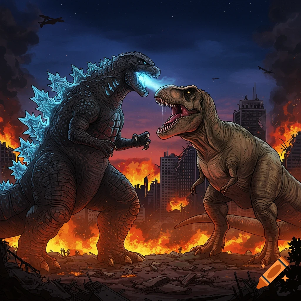 Godzilla fights a T-Rex in a burning city landscape.
