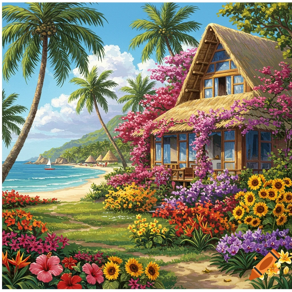 A tropical beach house with palm trees and colorful flowers