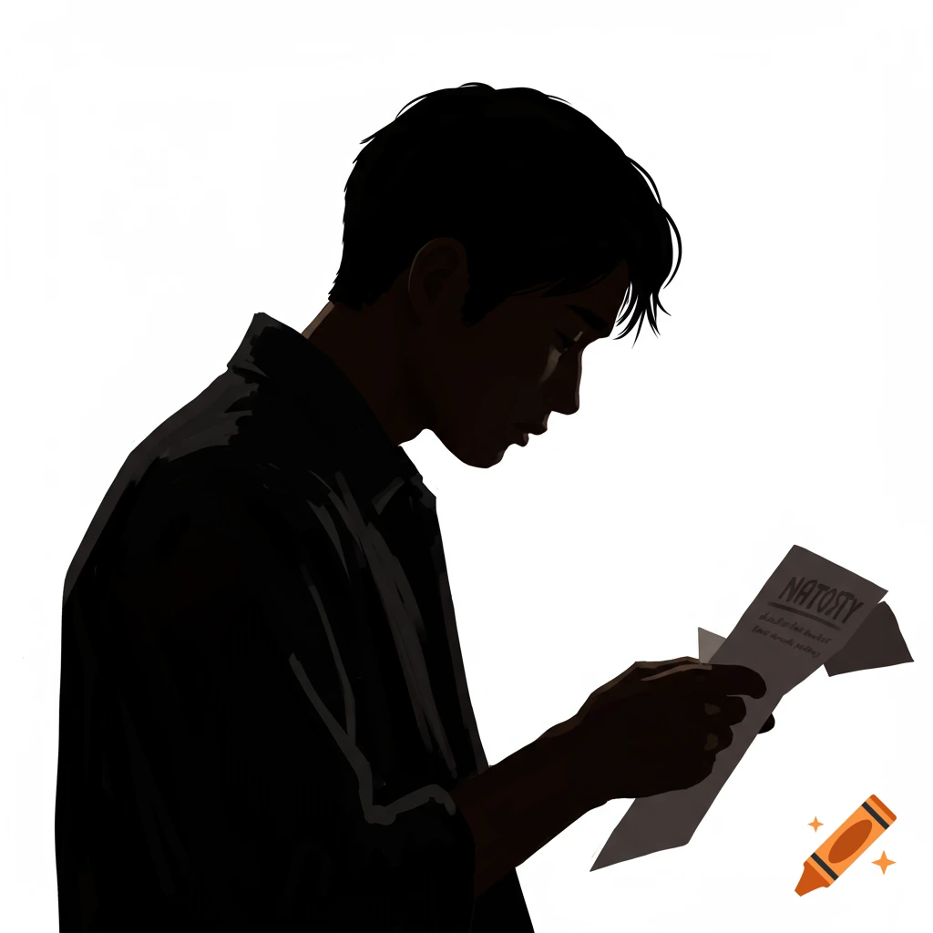 A person's silhouette is looking down at a paper.