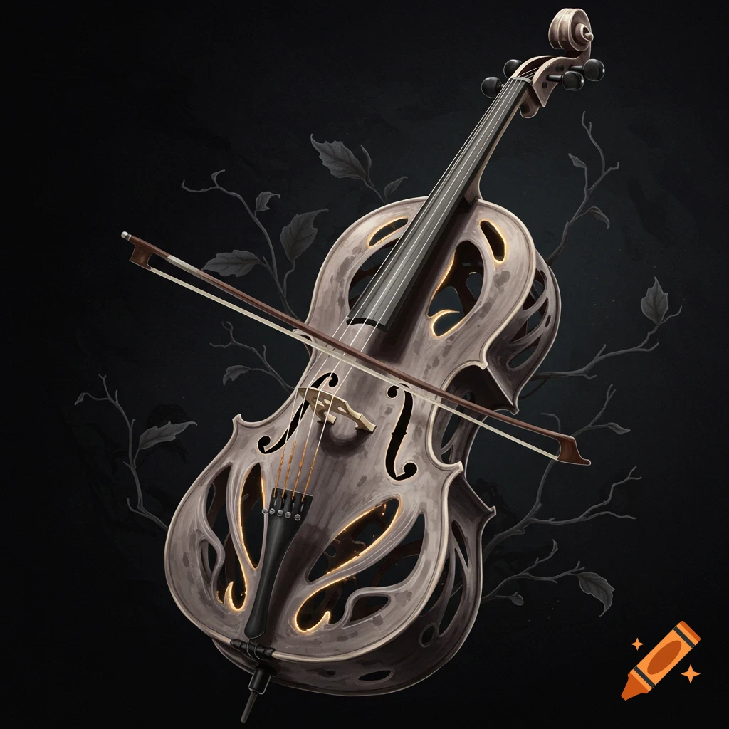 A skeletal cello with a bow stands against a dark background with vines.