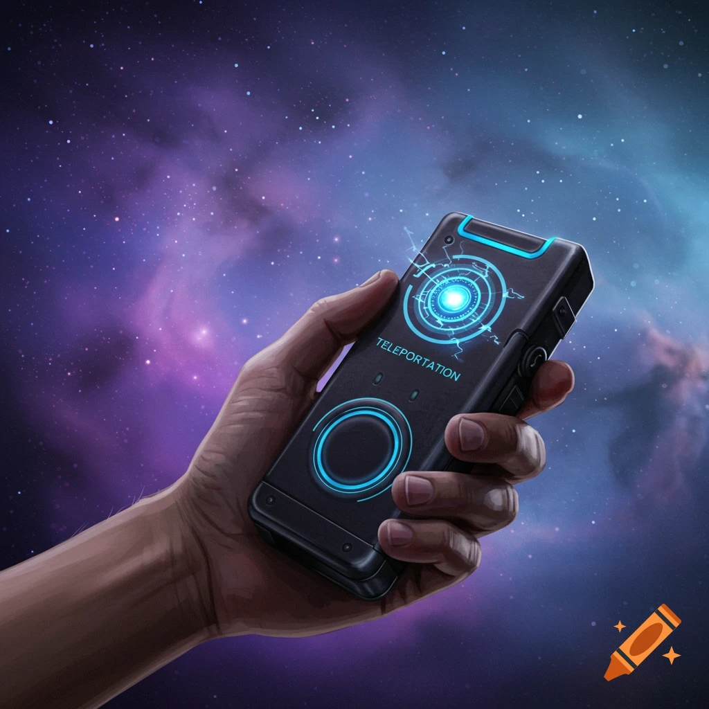 A hand holding a teleportation device in space.