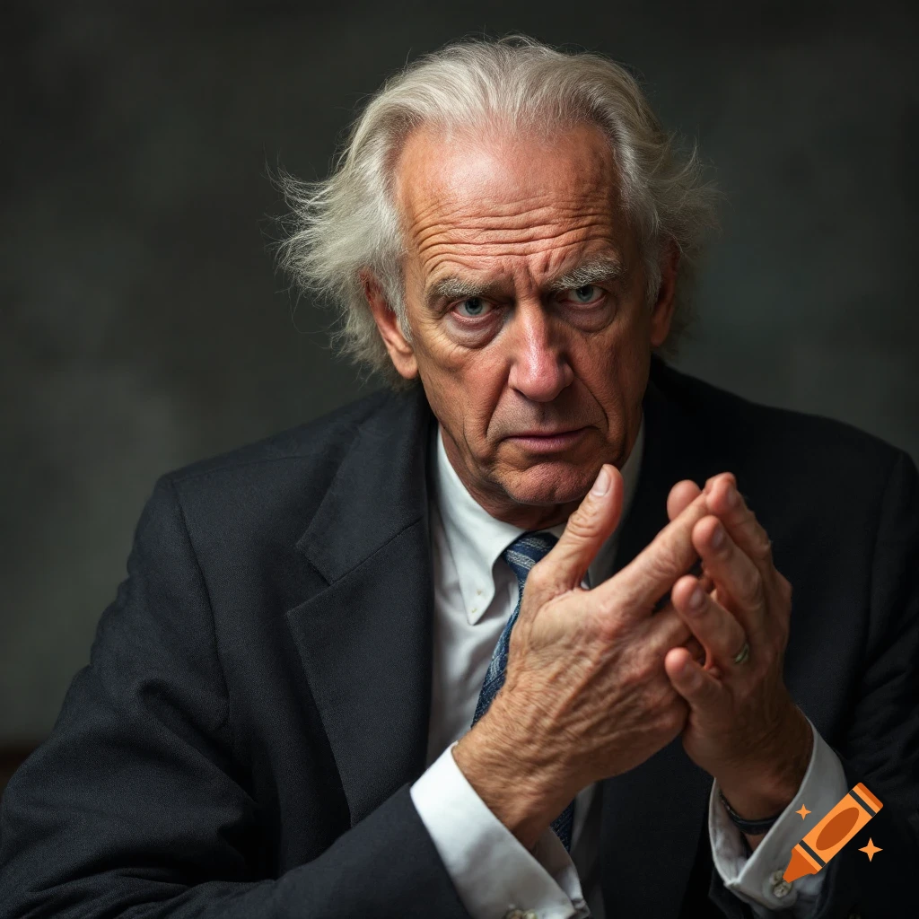 A photorealistic portrait of an older man in a suit with gray hair, hands clasped, looking intensely at the camera.