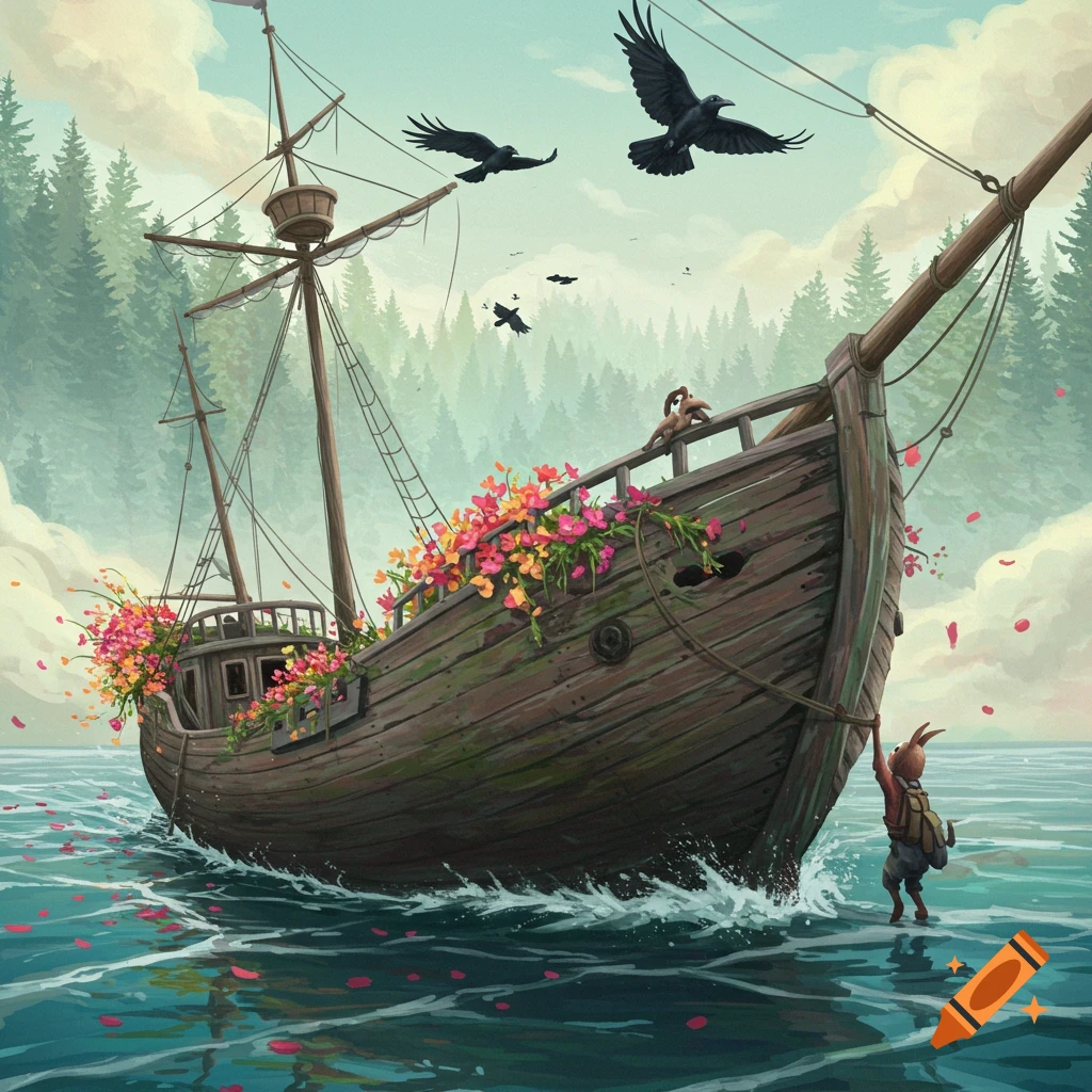 An old ship covered in flowers floats on water, with birds flying and a small creature climbing onboard.