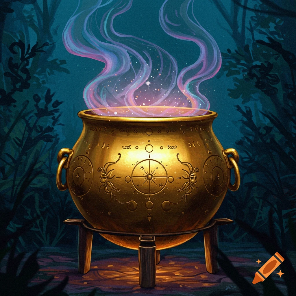 A golden cauldron steams with colorful magic in a dark forest.