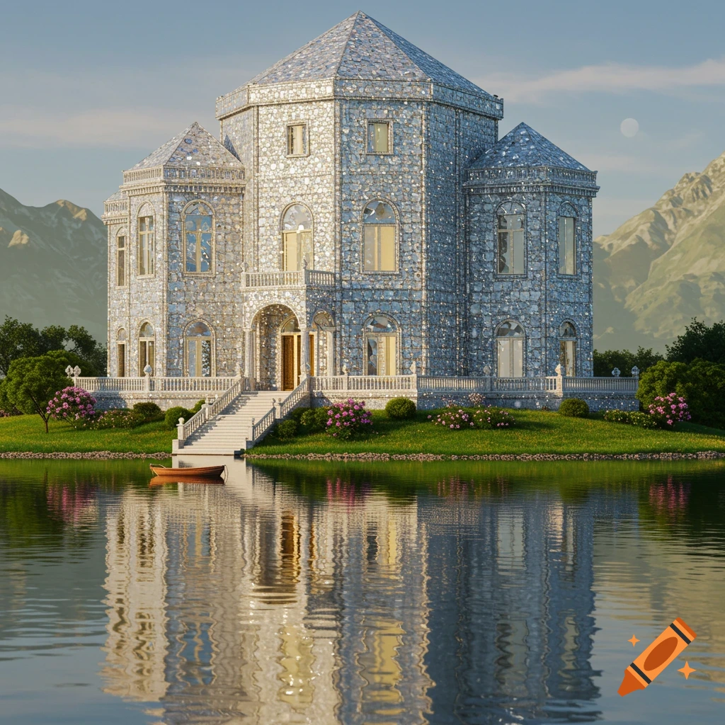 A luxurious octagon-shaped mansion made of diamonds stands by a lake with mountains in the background.