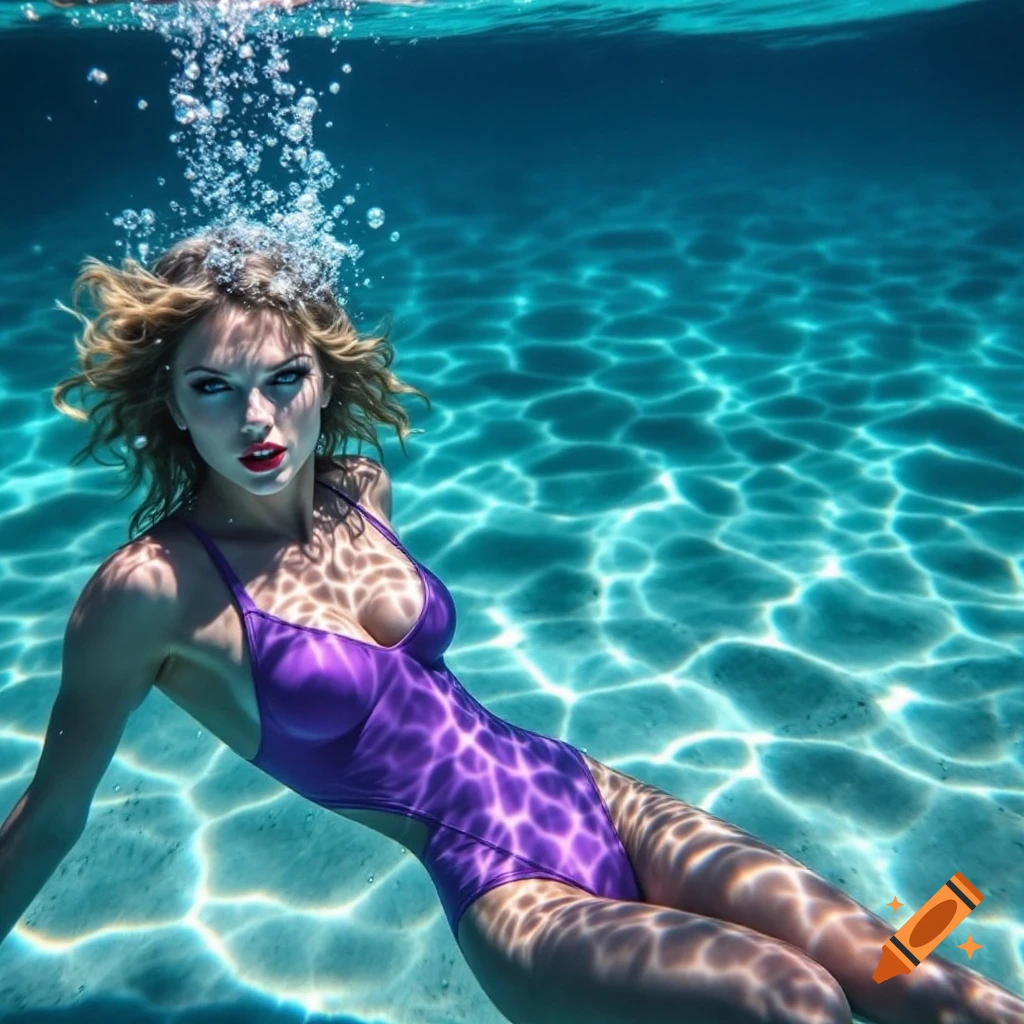 Woman swimming underwater in a purple swimsuit with light patterns