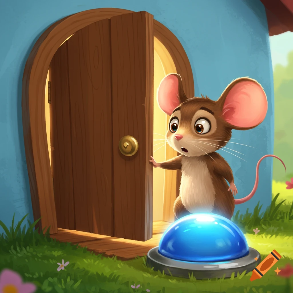 Cartoon mouse looks surprised at a blue button on the doorstep