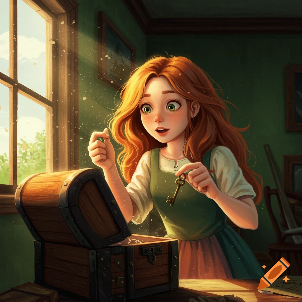 A girl discovers a key in a treasure chest with sunlight streaming in.