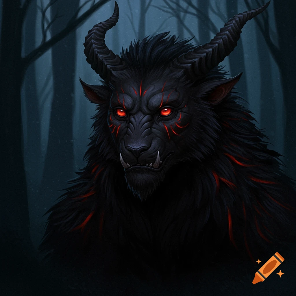 Close-up of a dark, furry creature with red glowing eyes and curved horns, in a dark forest.