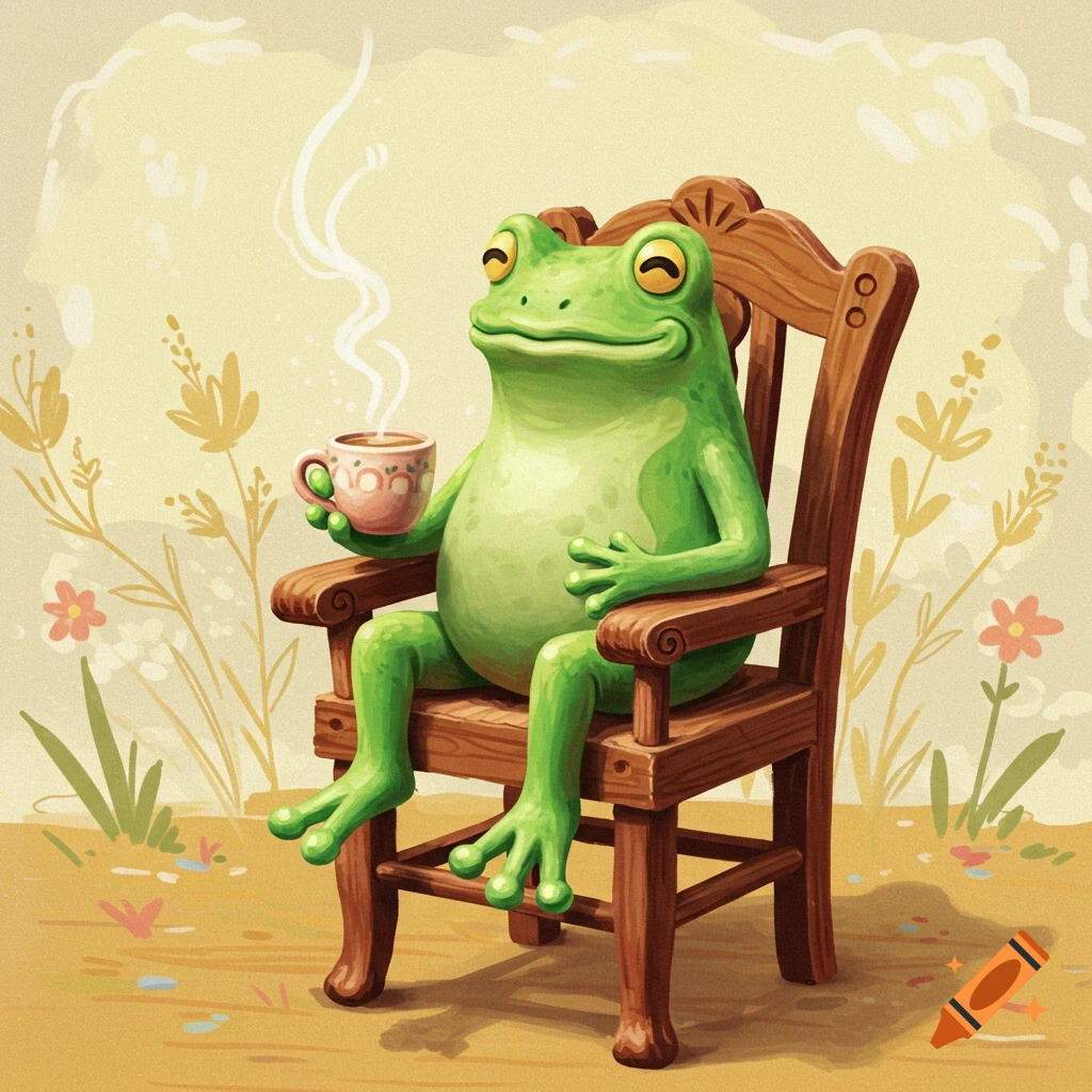 A green frog sits in a wooden chair drinking coffee in a stylized illustration.