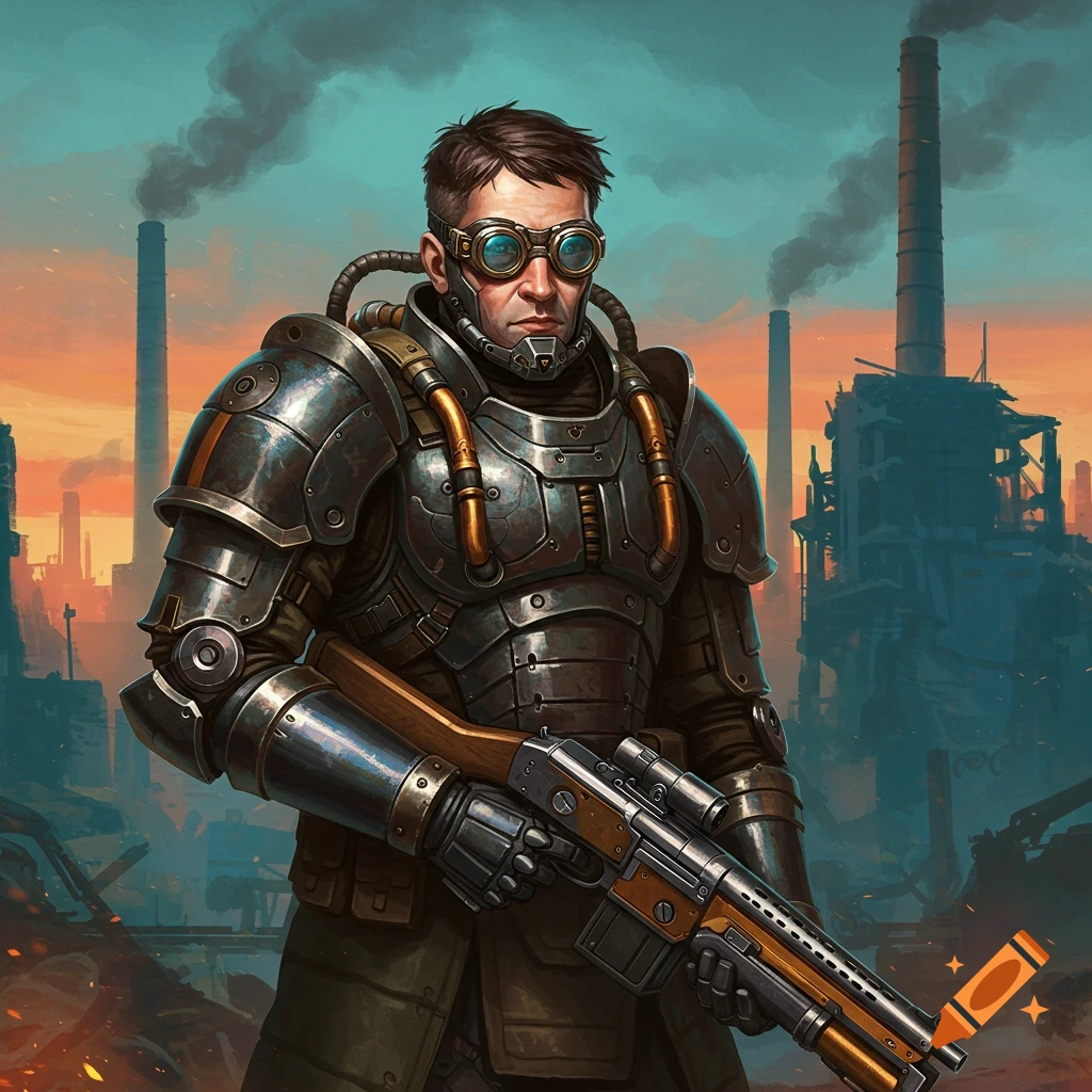 A dieselpunk soldier in armor with a rifle in an industrial ruin