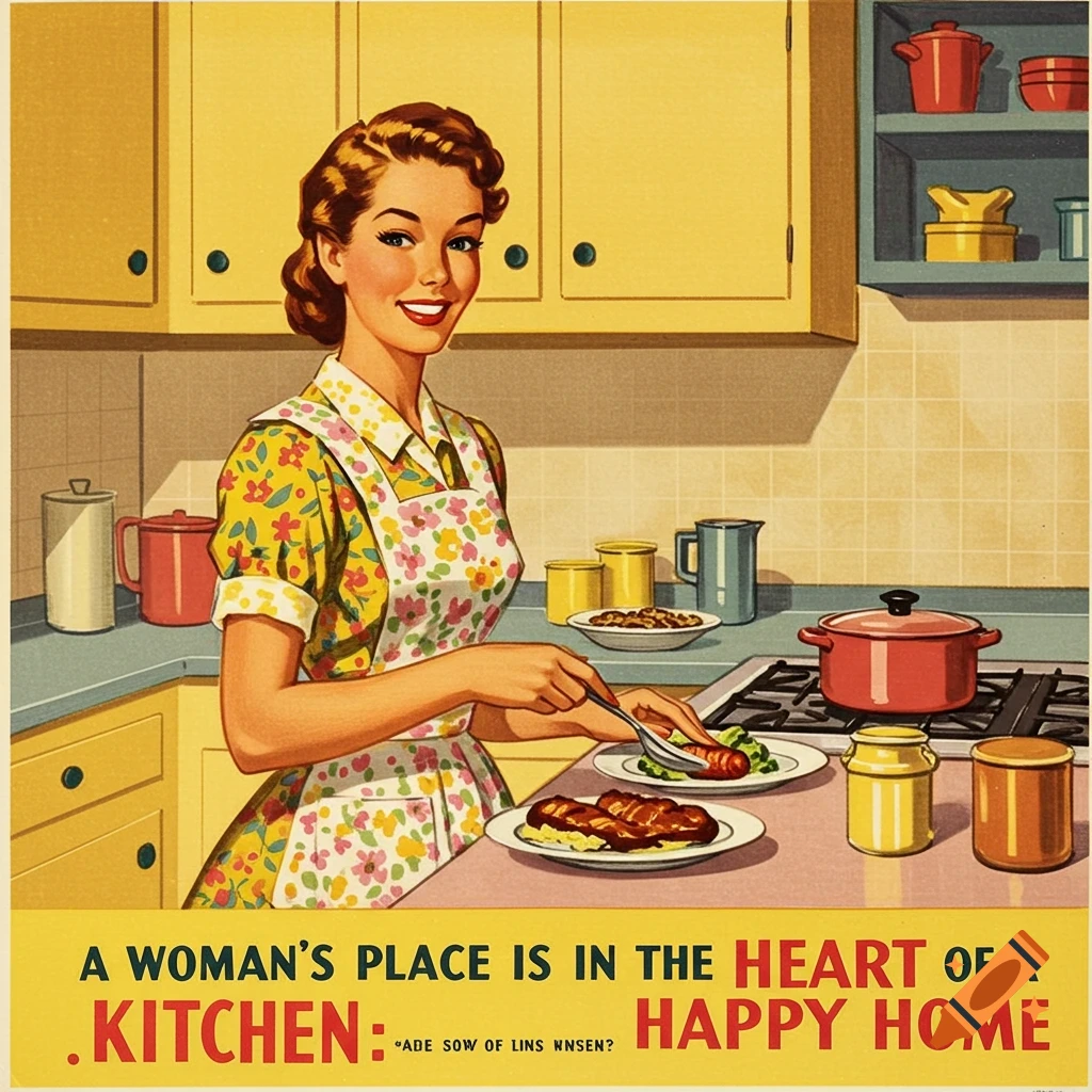 1950s style illustration of a woman cooking in a kitchen with text.