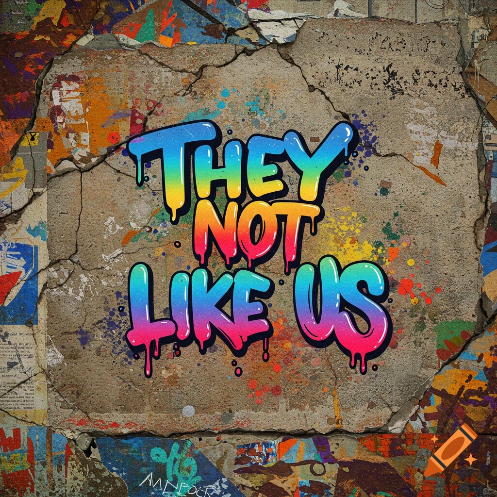 Colorful graffiti text 'THEY NOT LIKE US' on a cracked, textured wall with paint splatters.
