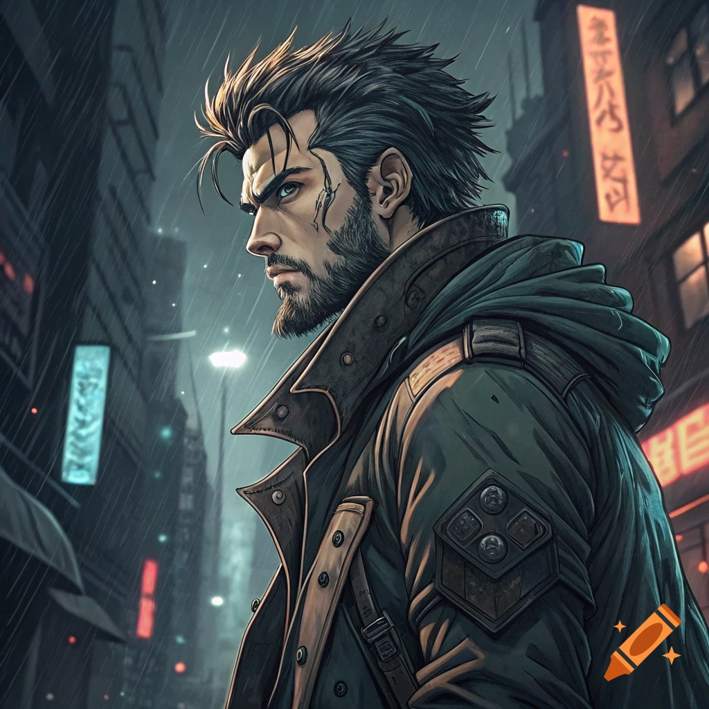 Anime portrait of a man in a coat looking left on a rainy cyberpunk street.