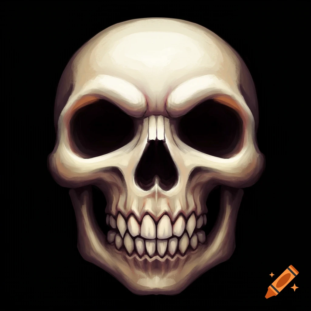 White skull on a black background.