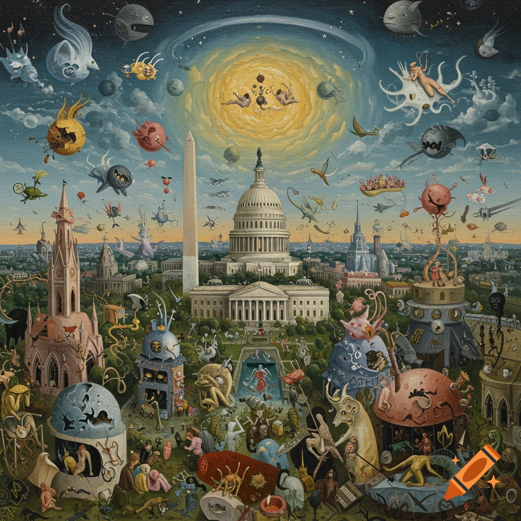 A detailed, surreal painting in the style of Hieronymus Bosch depicting Washington DC landmarks overrun with bizarre creatures and figures.