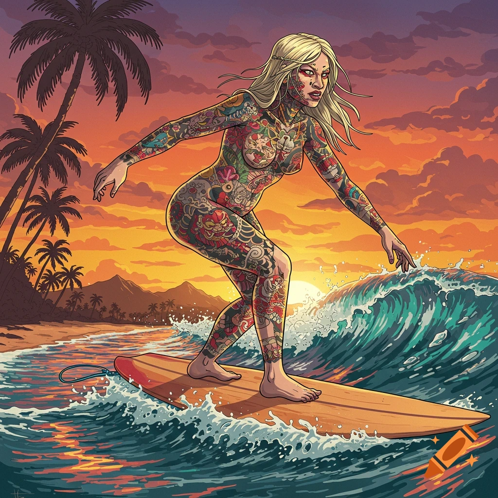 Heavily tattooed woman surfing on a wave during sunset with palm trees on the beach.