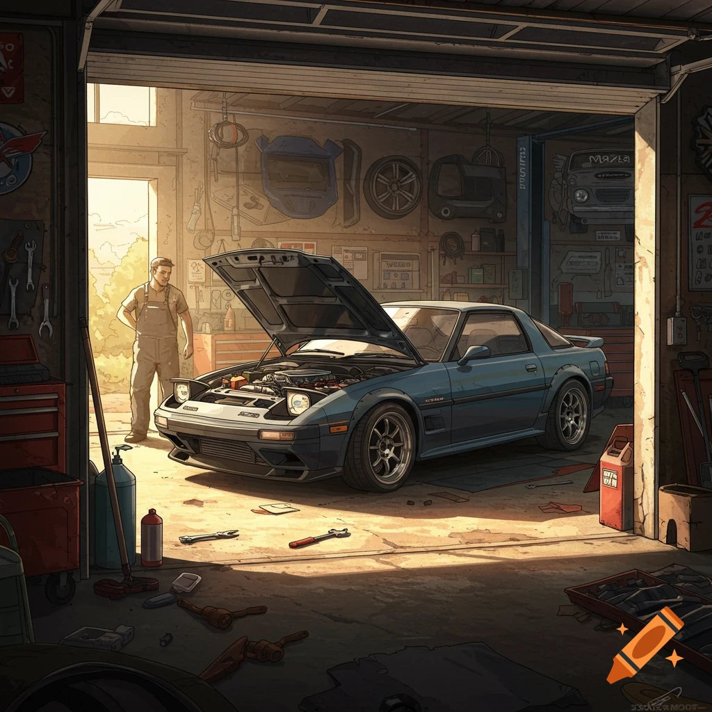 A mechanic stands next to a blue Mazda RX-7 with its hood open in a garage.