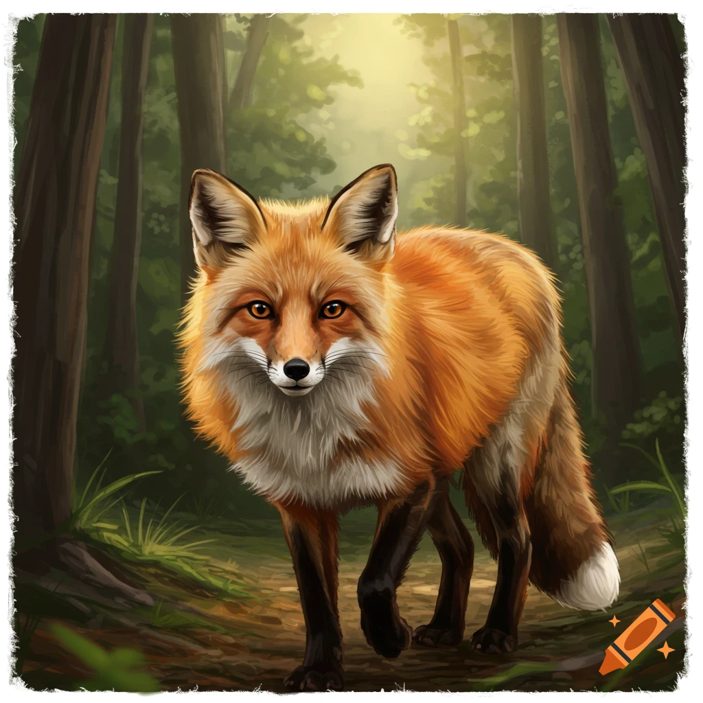 A red fox standing on a path in a sunlit forest