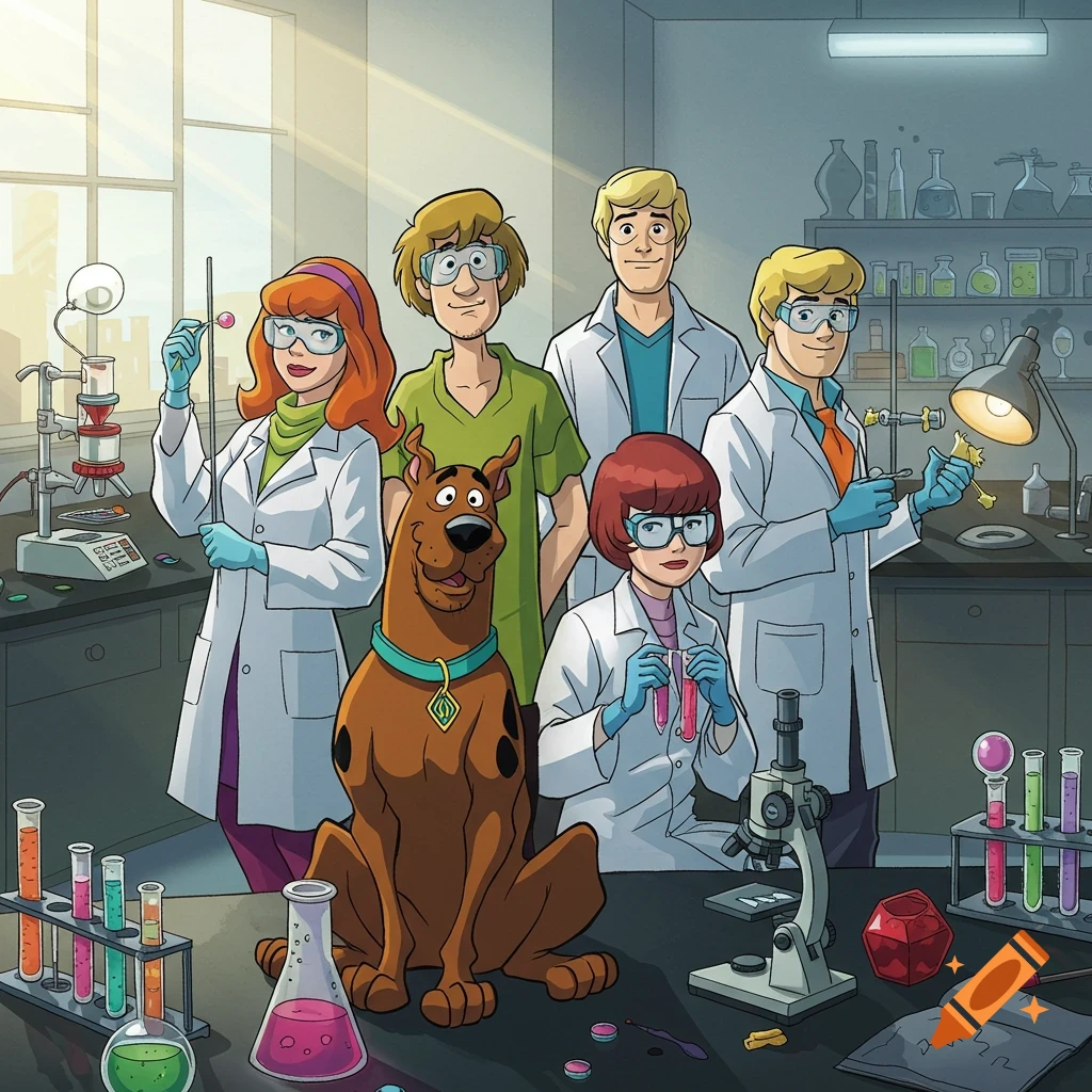 Scooby-Doo characters Fred, Velma, Daphne, Shaggy, and Scooby in a science laboratory wearing lab coats.