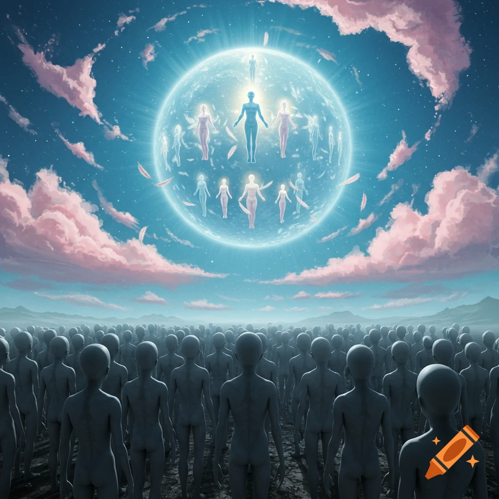 Grey aliens gaze up at a glowing sphere in the sky containing luminous human figures, under a sky with pink clouds.