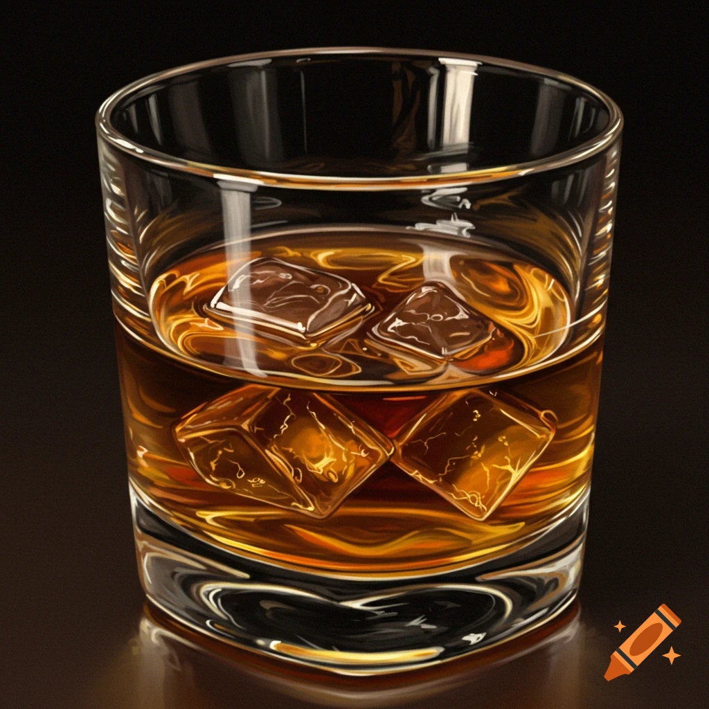 A glass of whiskey with ice cubes.