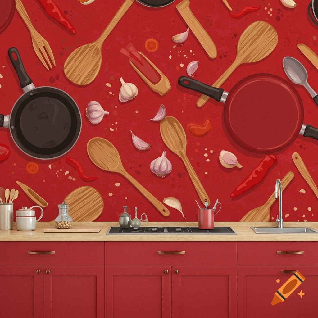 A red kitchen with a pattern of cooking items on the wallpaper. on Craiyon