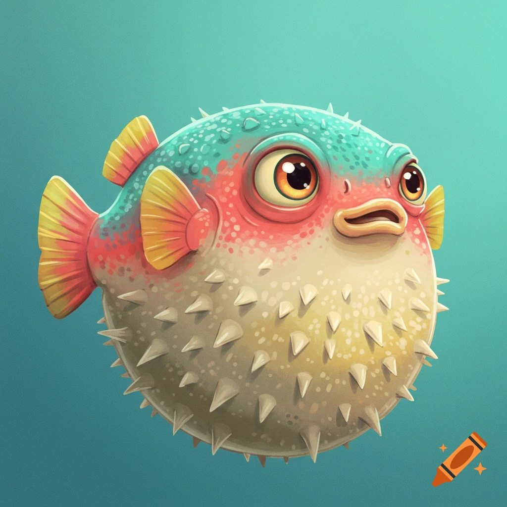 A colorful, animated puffed-up puffer fish looking to the right on a teal background.