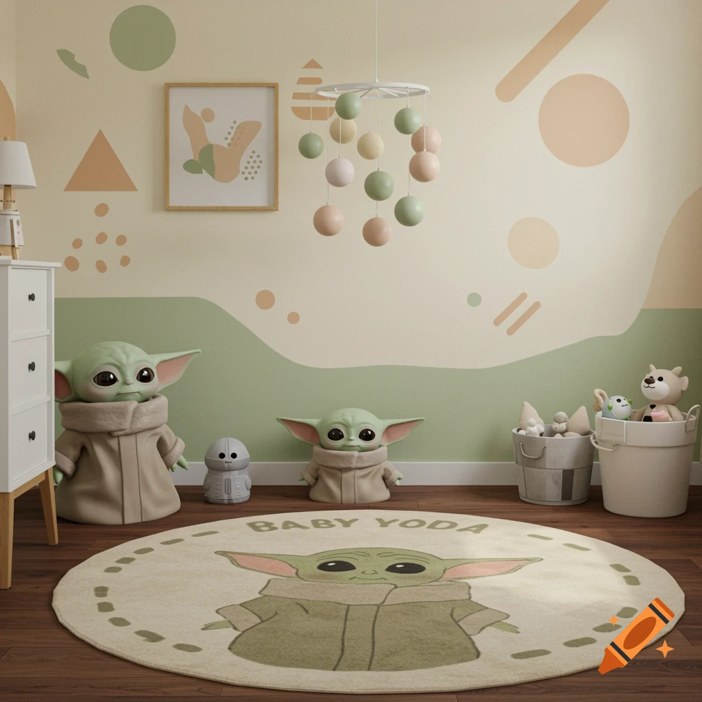 A modern baby nursery decorated with Baby Yoda plush toys, a rug, and Star Wars-themed wall art in soft colors.