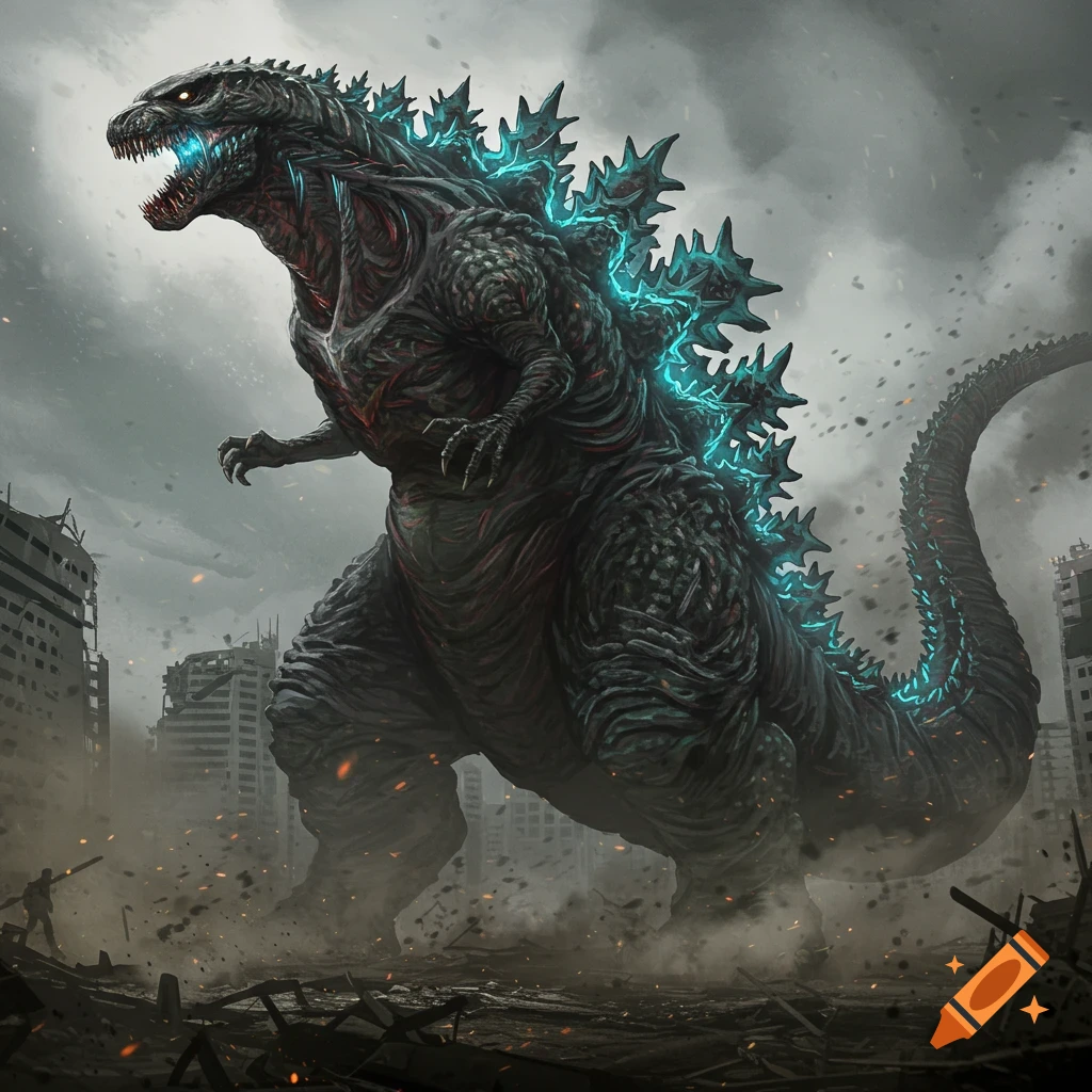 A large monster stands in a destroyed city.