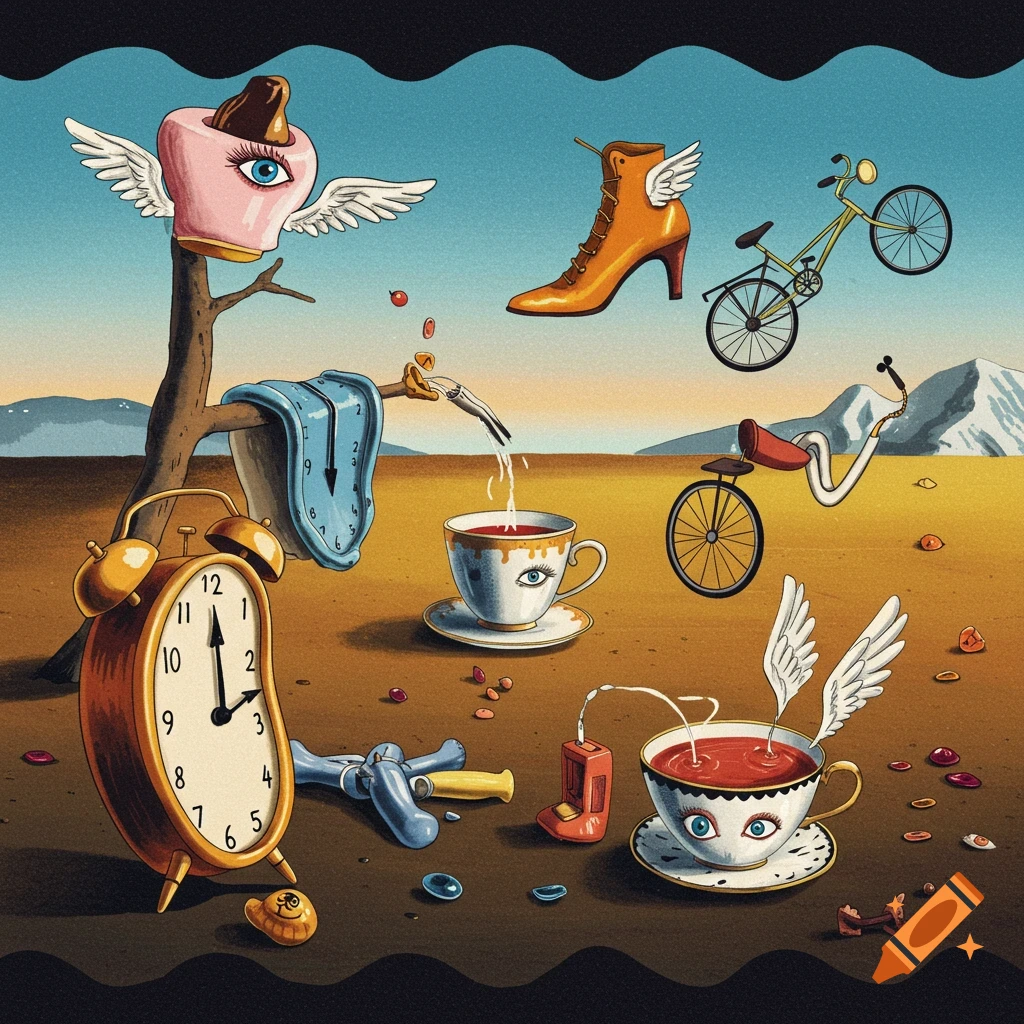 Surreal image of melting clocks, flying objects, and cups with eyes in a desert landscape.