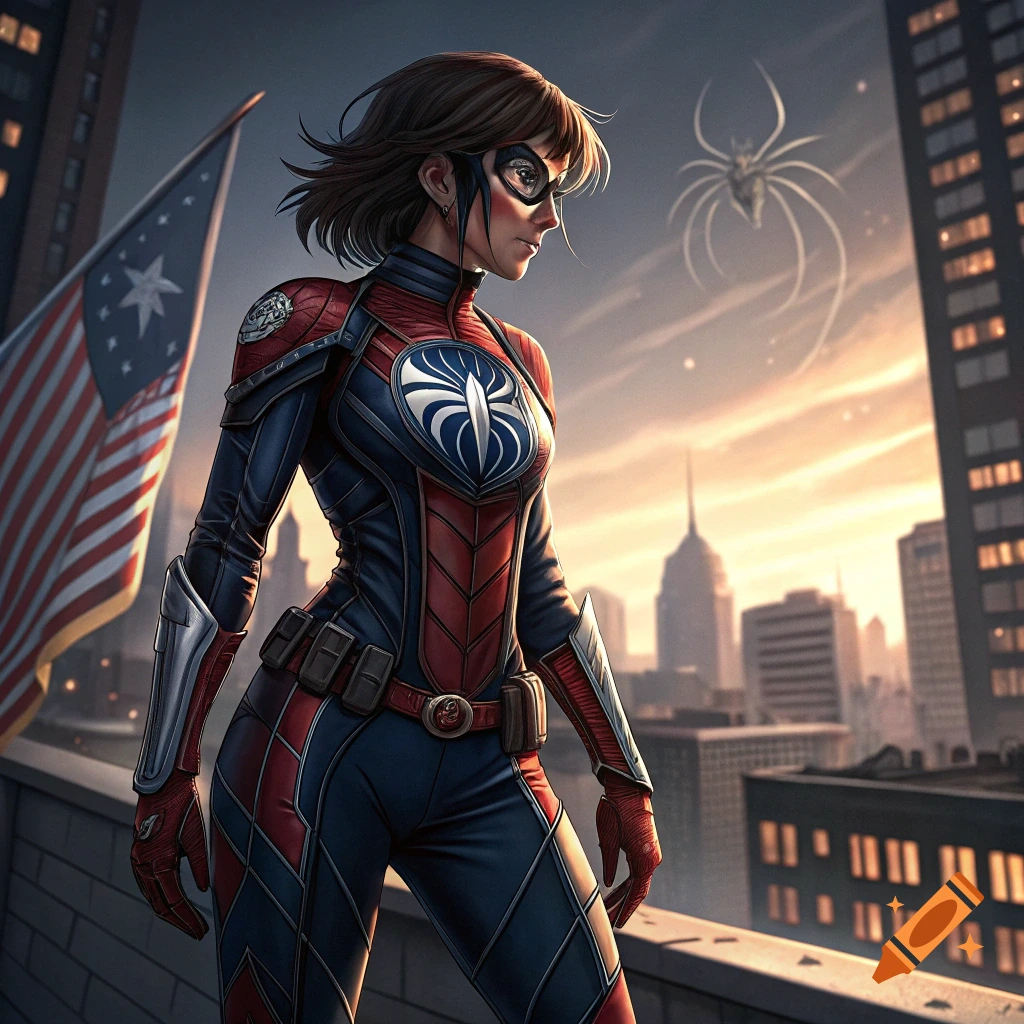 Superheroine in a spider-themed suit stands on a rooftop with a stylized flag and city view at sunset.
