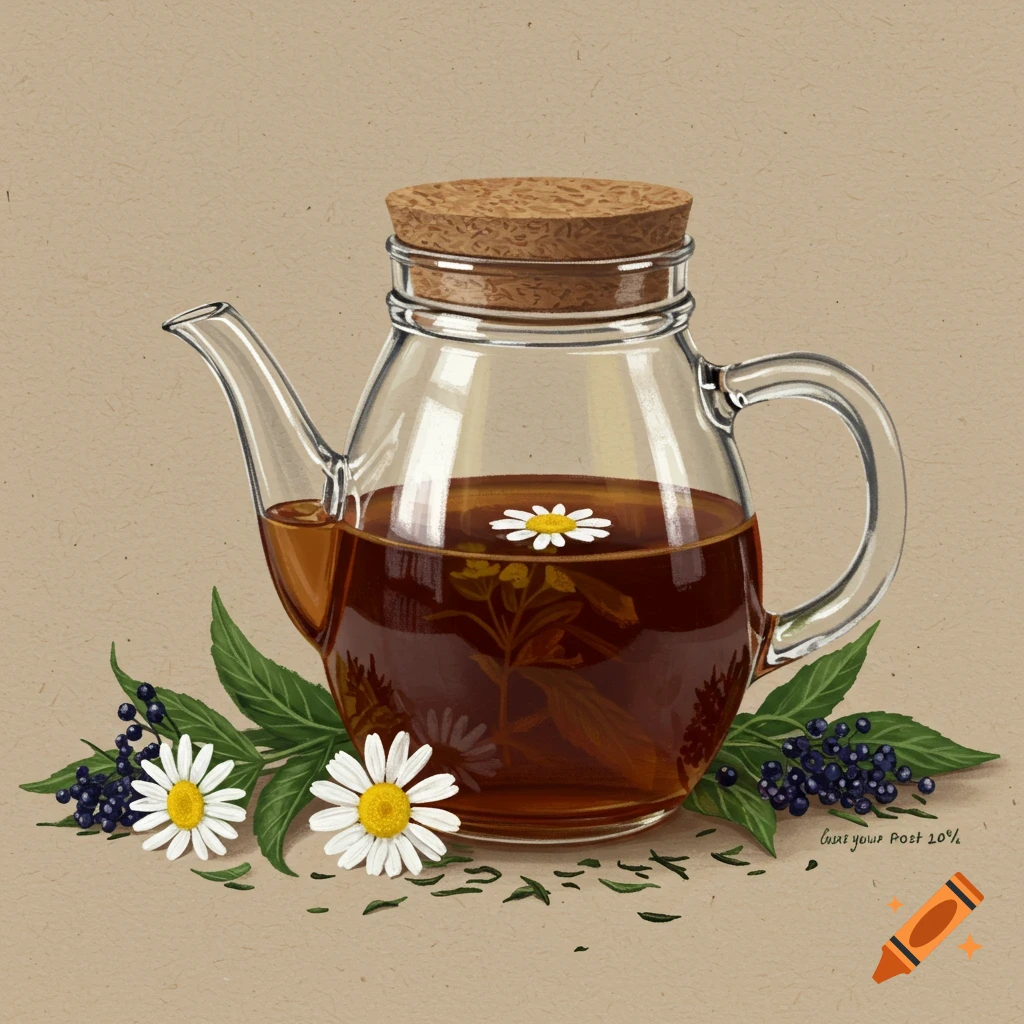 Glass teapot with tea, chamomile flowers, berries, and leaves.