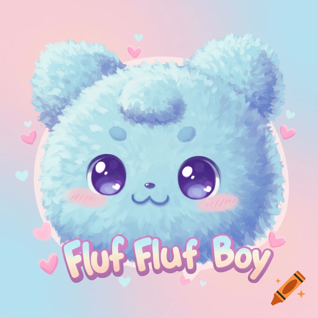 A cute blue fluffy creature with big shiny eyes, pink cheeks, and tiny hearts around it. The text "Fluf Fluf Boy" is below. Digital illustration.