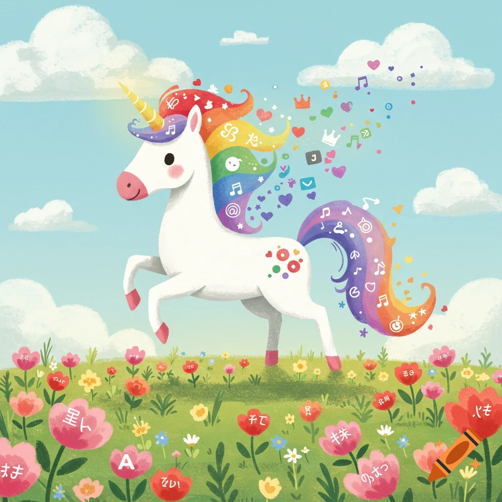 Colorful unicorn with rainbow mane in a flower field, music notes and symbols floating, illustration style.