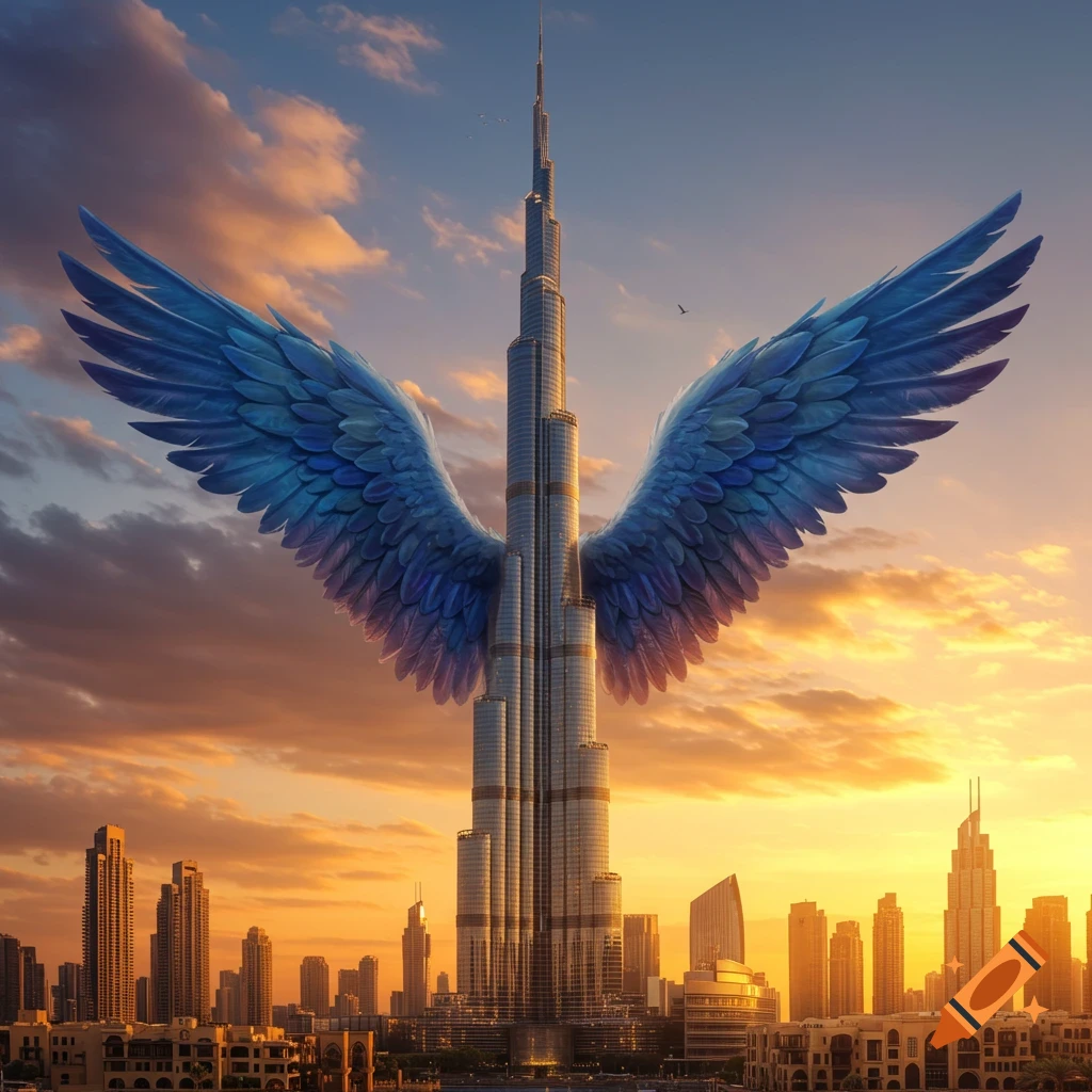 Burj Khalifa skyscraper with large blue wings against a sunset sky over a city.
