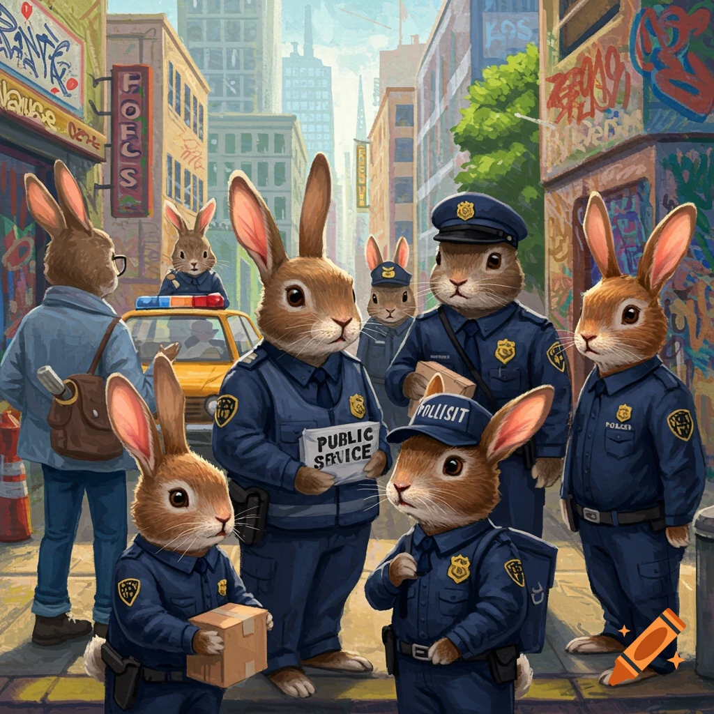 Anthropomorphic rabbits as police officers standing on a city street.