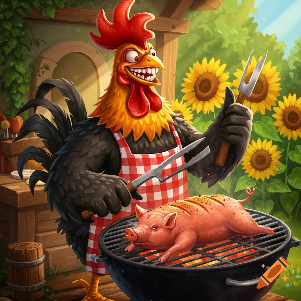 A cartoon rooster in an apron grills a pig on a BBQ, with sunflowers in the background.