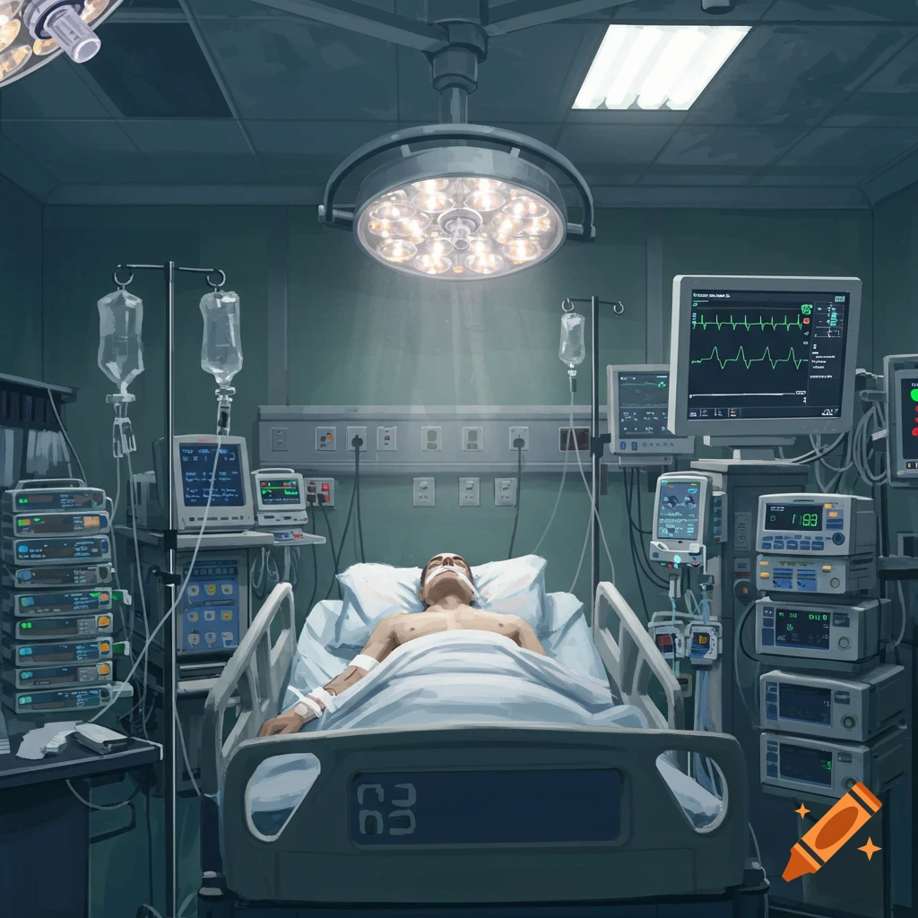 A patient in an ICU bed surrounded by medical equipment, IV drips, and monitors.