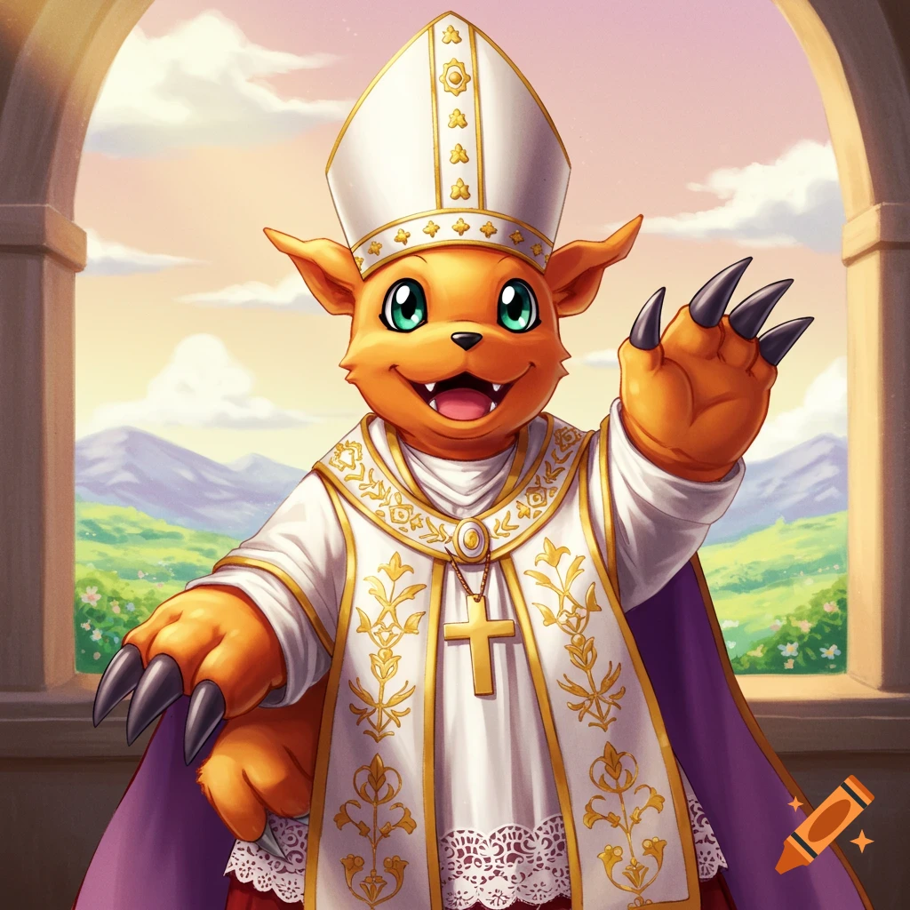 Agumon from Digimon dressed as a pope, waving, with a landscape background.