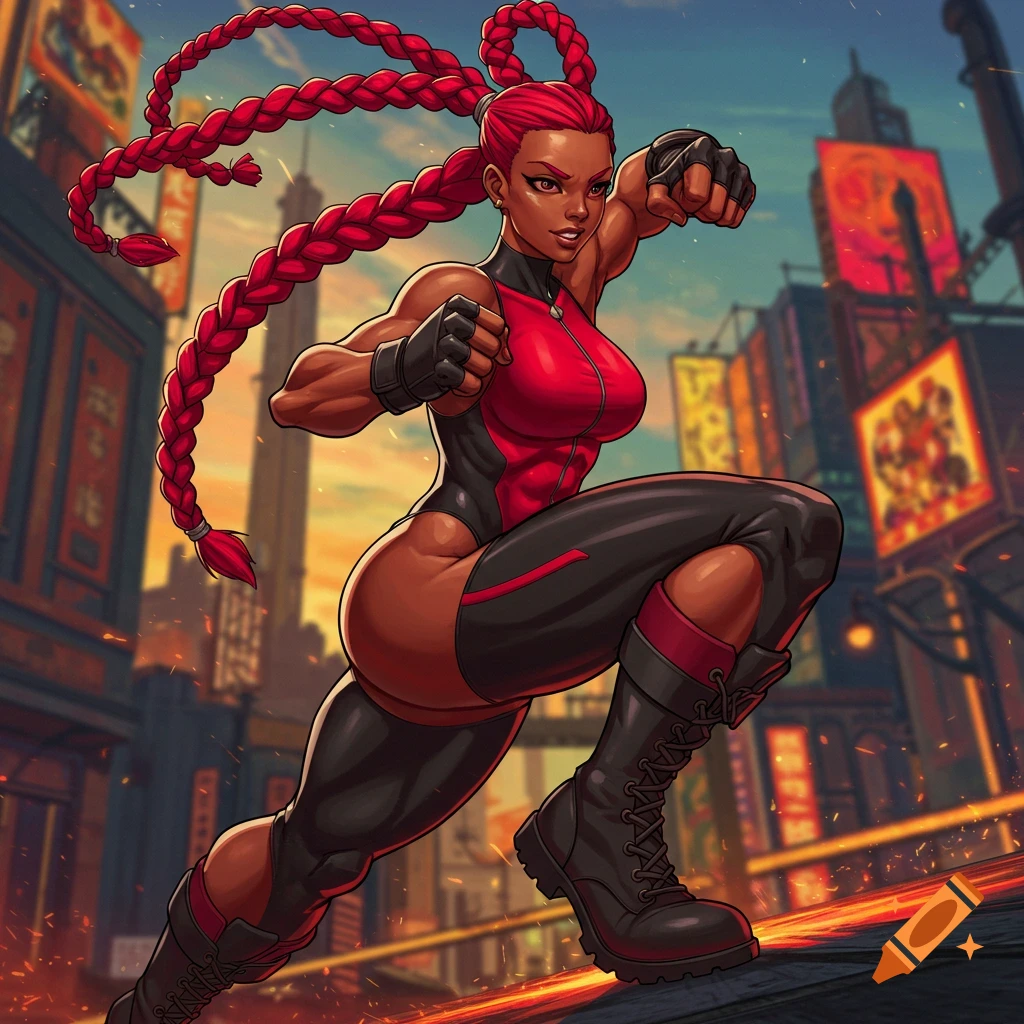 A muscular woman with red braided hair in a fighting pose on a rooftop overlooking a city street, anime style.