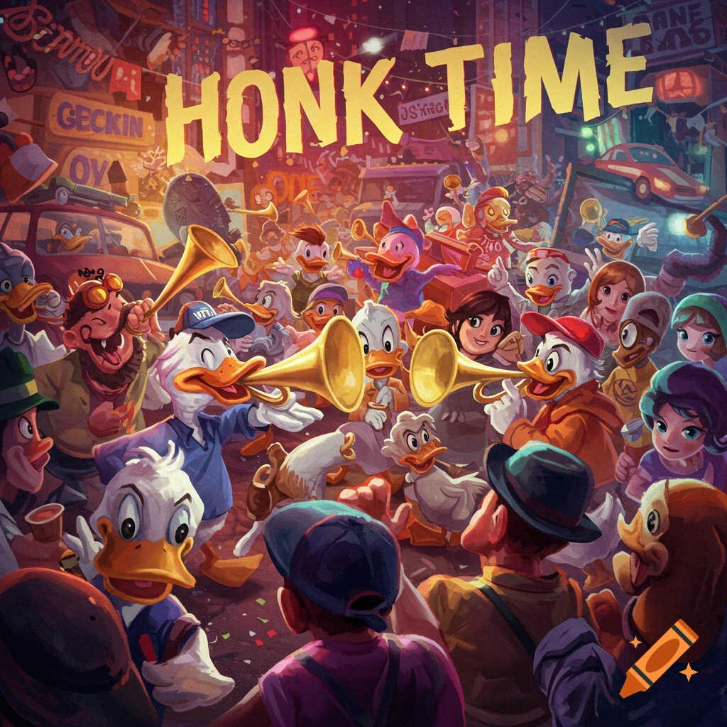 A large crowd of cartoon ducks and people are celebrating with trumpets and confetti under a sign reading 'HONK TIME'
